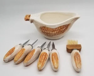 Ceramic Butter Dish & Corn Cob Fork Holders Stainless Steel & Butter Brush VTG - Picture 1 of 19