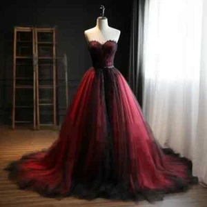 Gothic rot schwarz Brautkleid trägerlos Hof Schleppe Spitze Applikation Brautkleider - Bild 1 von 10