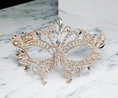 Butterfly Masquerade Mask, Wedding Party Rose Gold Mask, Clear Stone Mask - Image 1 of 4