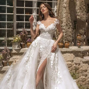 Elegant Mermaid Wedding Dresses V-Neck Cap Sleeves Lace Appliques Bridal Gowns - Picture 1 of 14