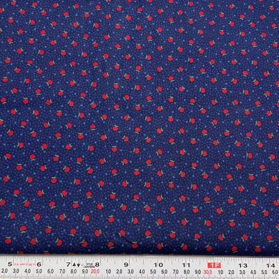 Vintage Cranston Apples & Pin Dots on Navy Blue Cotton Fabric Remnant 11" x 43" - Image 1 of 2