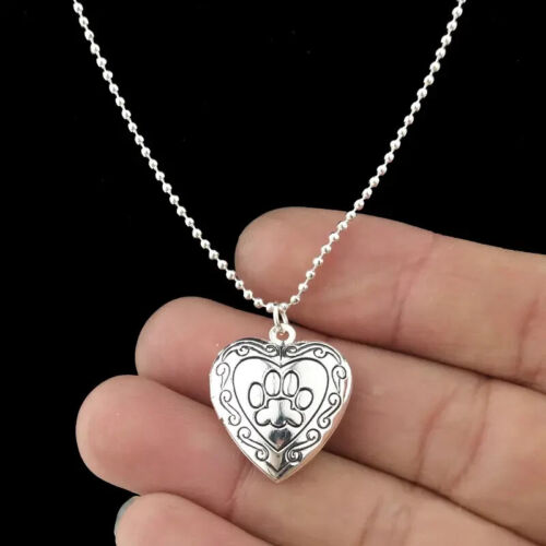 Paw Footprint Memory Locket Pendant Necklace 925 Sterling Silver Heart Shape Dog