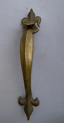 Antique Victorian 11" Brass Door Handle 6 1/4" hole spacing Fleur-De-Lis Design Cover