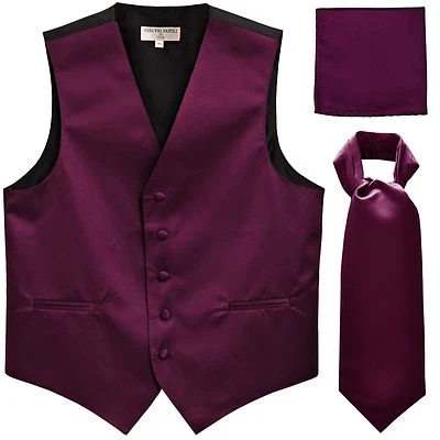 New Men's Solid Tuxedo Vest Waistcoat & Ascot Cravat Dark Purple wedding formal - Image 1 of 4