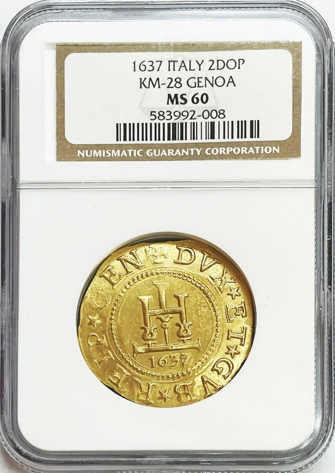 1637 GOLD REPUBLIC OF GENOA ITALY 2 DOPPIE CONRAD II COIN NGC MINT STATE 60 KM28 - Image 1 of 2