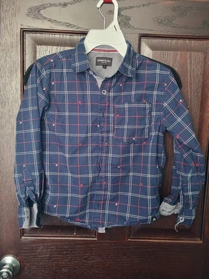 Kenneth Cole 纽约男孩纽扣衬衫 8 码长袖蓝色格子 — 第 1/4 张图片