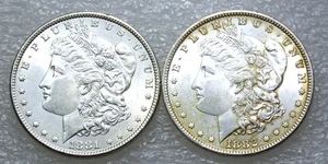 Dólar de plata Morgan 1881 y 1882 BU Frosty lote 2 monedas #N232 - Imagen 1 de 2