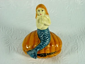 Porcelain Mermaid on Scallop Shell Ring Holder or Trinket Box w/ Tropical Fish - Picture 1 of 14
