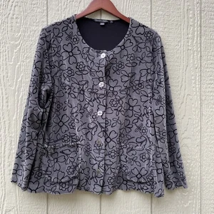 Gudrun Sjoden Jacket  Womens Large Grey Velour Floral Button Pockets Stretchy - Picture 1 of 12