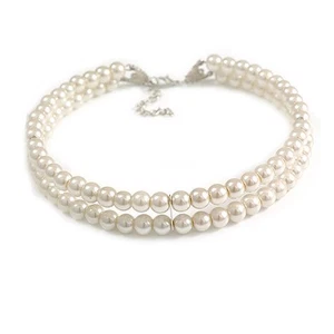 Elegant Two-Row White Faux Pearl Choker Style Necklace with Silver Tone Closure - Picture 1 of 6