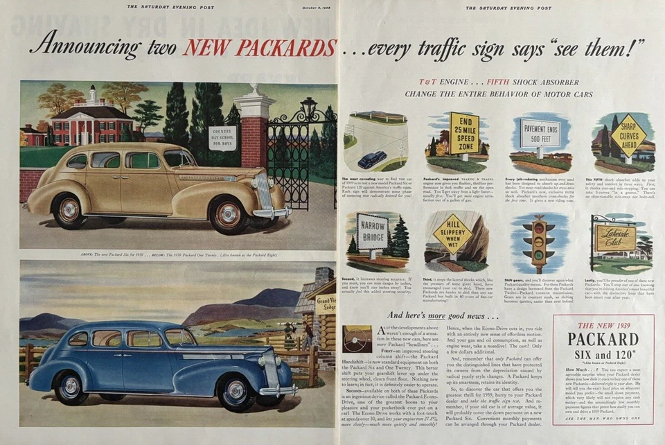 Packard Automobiles seis y ocho nueva señal de tráfico los ve anuncio impreso de colección 1938 Foto 1 de 1