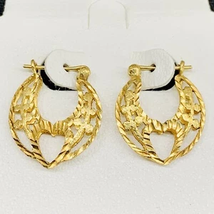 14k Yellow Gold Diamond Cut Heart Filigree Textured Round Hoop Earrings 2.5g - Picture 1 of 6