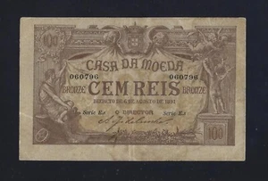 PORTUGAL 100 Reis 1891 P-90 VF+ RARE - Picture 1 of 2