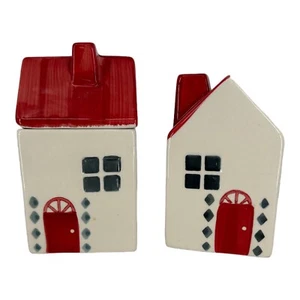 World Market Nordic Style House Cream and Sugar Ceramic Tall Red Doors  Retired - Picture 1 of 10