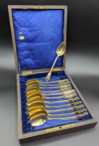 12 Cuillères à Dessert En Vermeil Dans Coffret En Acajou - Imagen 1 de 6