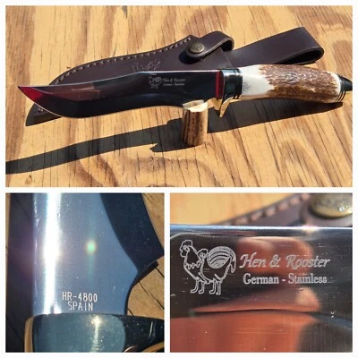 Hen & Rooster Bowie Hunter Knife 5-3/8 Blade Bone Handle HR-4800 w/JF Sheath EXC - Image 1 of 4