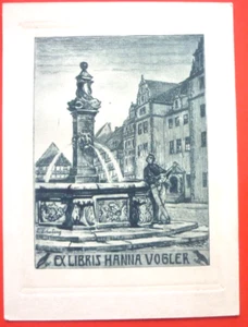 Exlibris, Bookplate "Hanna Vogler" Jugendstil, Stadt, Brunnen, Fisch - Imagen 1 de 2