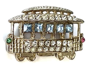 Spilla funivia vintage San Francisco blu e strass trasparenti spilla tono oro - Foto 1 di 5