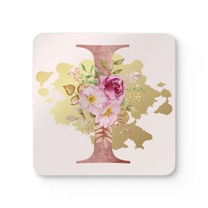 Untersetzer 4er Set - Buchstabe "I" Initiale Rosa Blume Gold Splash - Bild 1 von 5