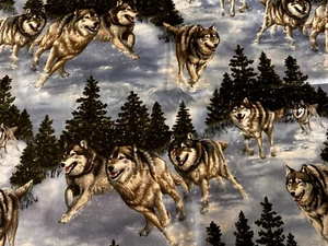 Wolves Running in Snow with Trees Fabric OOP BTHY - Picture 1 of 3