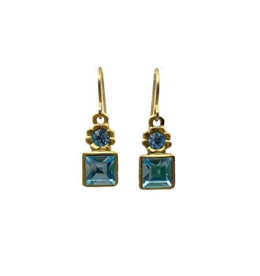 Blue Faux Topaz Rhinestone Flower Earrings Dangle Drop Floral Fashion Elegant 1" - Image 1 of 4