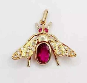 1.30Ct Oval Cut Lab Created Pink Ruby Honey Bee Pendant 14K Yellow Gold Plated - Picture 1 of 9