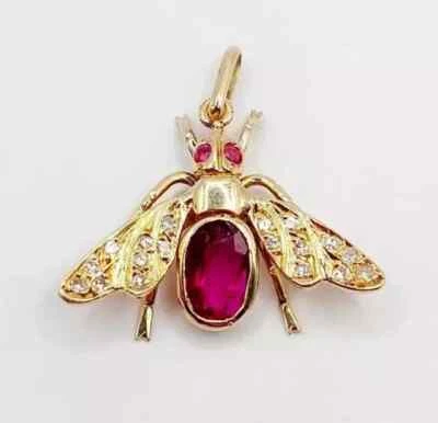 Colgante de abeja melífera rubí rosa creado en laboratorio corte ovalado de 1,30 quilates enchapado en oro amarillo de 14 quilates Foto 1 de 4