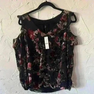 White House Black Market Floral Velvet Cold Shoulder Statement Top, Schwarz Gr. 0 - Bild 1 von 6