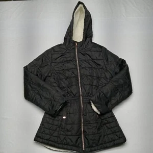 Pink Platinum Puffer Jacket Girls Medium Black Sherpa Lined Long Sleeve Full Zip - Picture 1 of 6