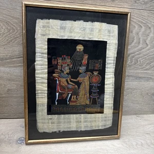 Seltener authentischer handgemalter ägyptischer Papyrus - König Tut & Frau 16”x12” gerahmt - Bild 1 von 7