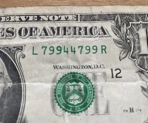 Repeater Bookends 799 799 Fancy Serial Number $1 Dollar Bill L79944799R Trinary - Picture 1 of 3