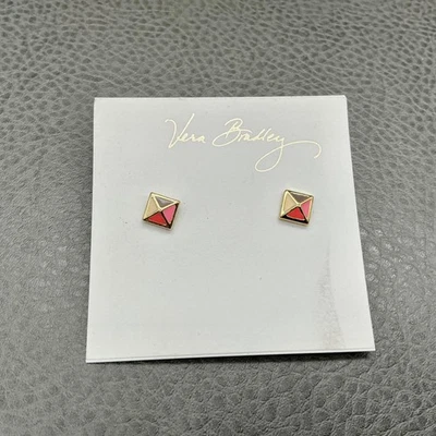 Vera Bradley Stud Earrings Pink Enamel Metal Butterfly Closure Geometric Design - Image 1 of 4