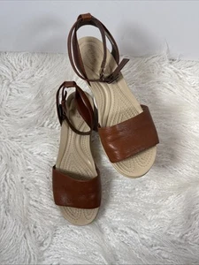 CROCS Leigh Ann Brown Leather Ankle Strap Wedge Sandals 204732 Women’s Size 6 - Picture 1 of 16