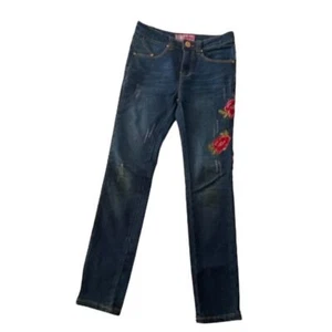 Girls Distressed Straight Cut Denim Jeans Size 10 Red Roses Design 4 Pockets - Picture 1 of 6
