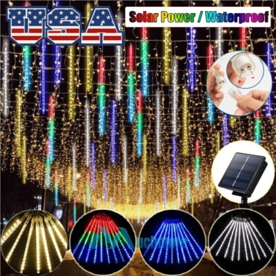 Solar LED Meteor Shower Lights Fairy String Light Falling Rain Tree Garden Xmas - Image 1 of 4