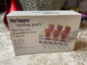 Pier One Tasting Party Set of Six Shot Glasses & Metal Spoons w/Glass Tray New - Picture 1 of 9