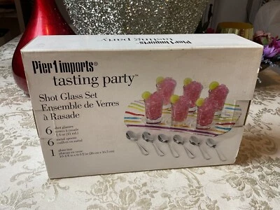 Pier One Tasting Party Set of Six Shot Glasses & Metal Spoons w/Glass Tray New - Image 1 of 4