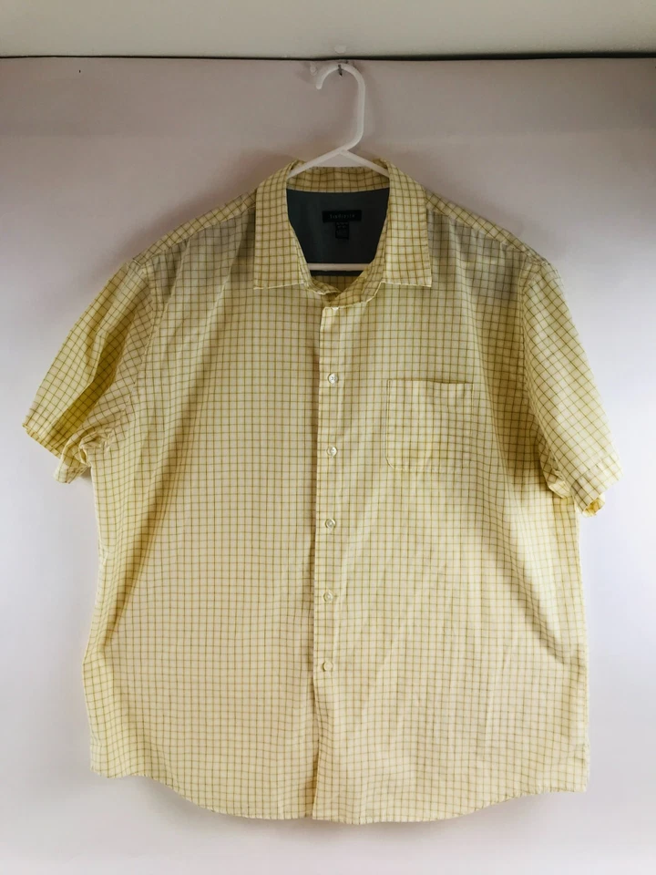 Van Heusen Shirt Men's Size XL 17-17.5 Yellow White Check Button Up Short Sleeve - Image 1 of 4