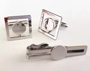 Vintage Modernist Geometric SilverTone Cufflinks & Tie Bar Clasp Set - Picture 1 of 4