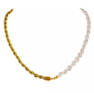 Collar media perla y media cadena chapado en oro Foto 1 de 4
