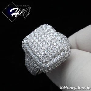 MEN 925 STERLING SILVER ICY BLING CZ GOLD PLATED/SILVER 3D RECTANGE RING*SR110 - Picture 1 of 10