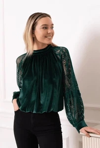 CHOKLATE PARIS Women’s Emerald Green Velvet Lace Sleeve Mock Neck Blouse Size Me - Picture 1 of 8