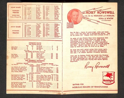 1938 PITTSBURGH PIRATES SCORECARD, ROSEY ROWSELL MOBILGAS DEALERS - Image 1 of 2