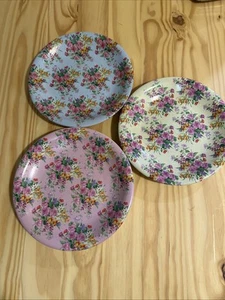Set of 3 Vintage-Style 8” Chintz Floral Plates – Pink, Yellow, Blue No Markings - Picture 1 of 6