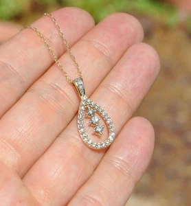 14k Solid Gold Natural Diamond Necklace - Pave Halo Journey Drop Pear Teardrop - Picture 1 of 15