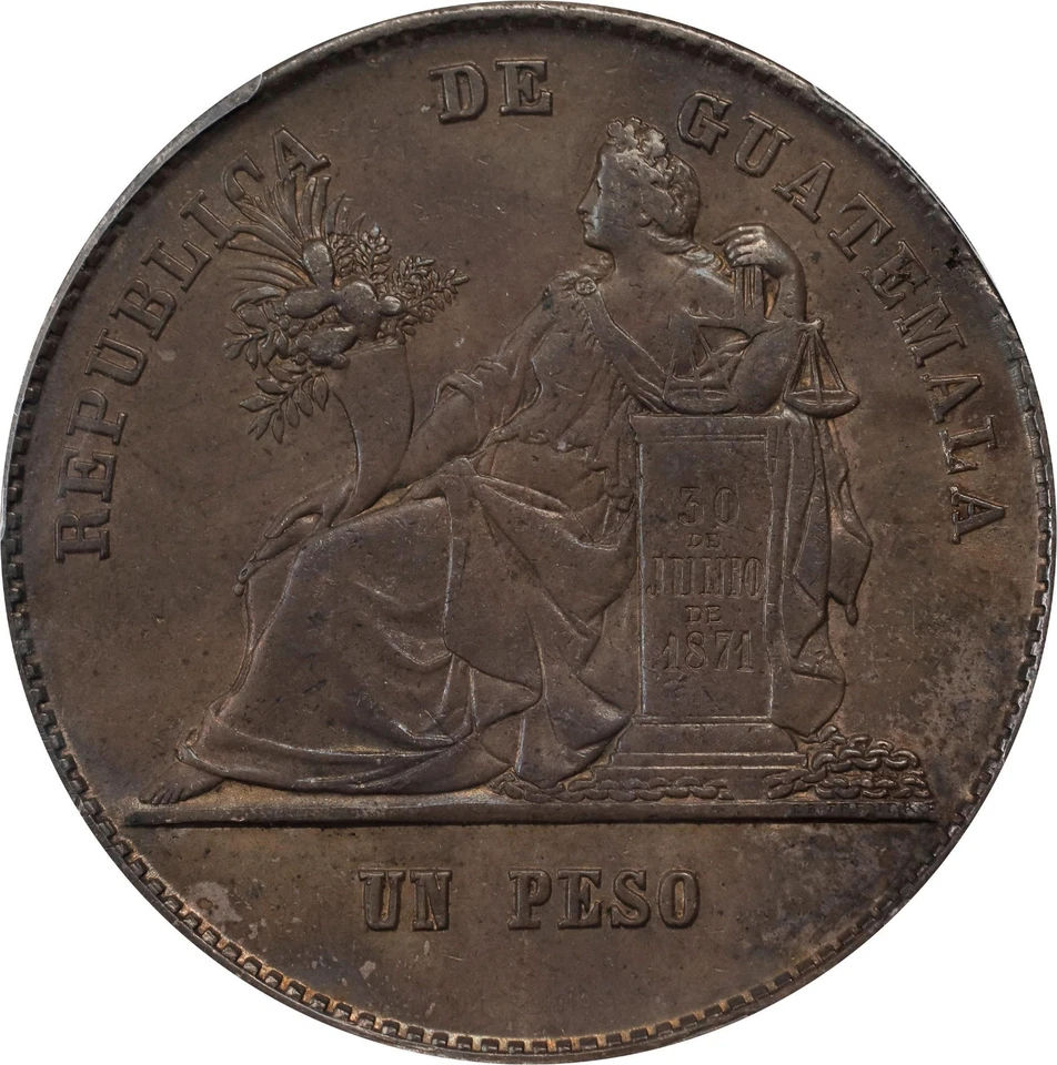 Guatemala: 1 Peso, 1873-P. Nueva Guatemala Mint. PCGS AU-55! Nicely Toned. - Image 1 of 4
