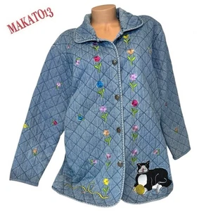 Quacker Factory Vintage Women's Sz 1X Denim Quilted Coat Cat Lady Floral Casual - Picture 1 of 12