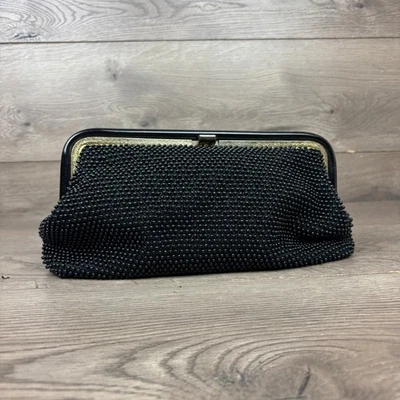 VTG Corde Bead Black Beaded Clutch Bag Metal Clasp Purse Handbag Cotton Lining - Image 1 of 4