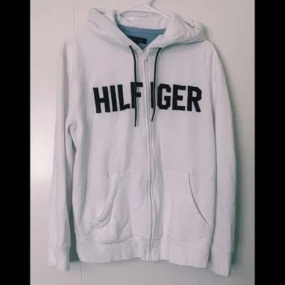 Tommy Hilfiger Retro Style White Spell Out Sweatshirt Hoodie Full Zip Size Large - Image 1 of 4