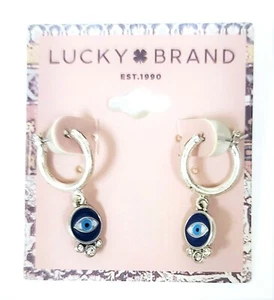 LUCKY BRAND AGED SILVER TONE,BLUE EVIL EYE CHARM,CRYSTALS SMALL HOOP EARRINGS   - Picture 1 of 3